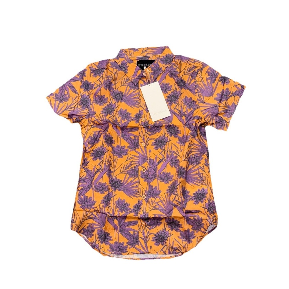 NWT Wildfang Shirt Orange Purple Floral Tropical L Essential Button Streetwear